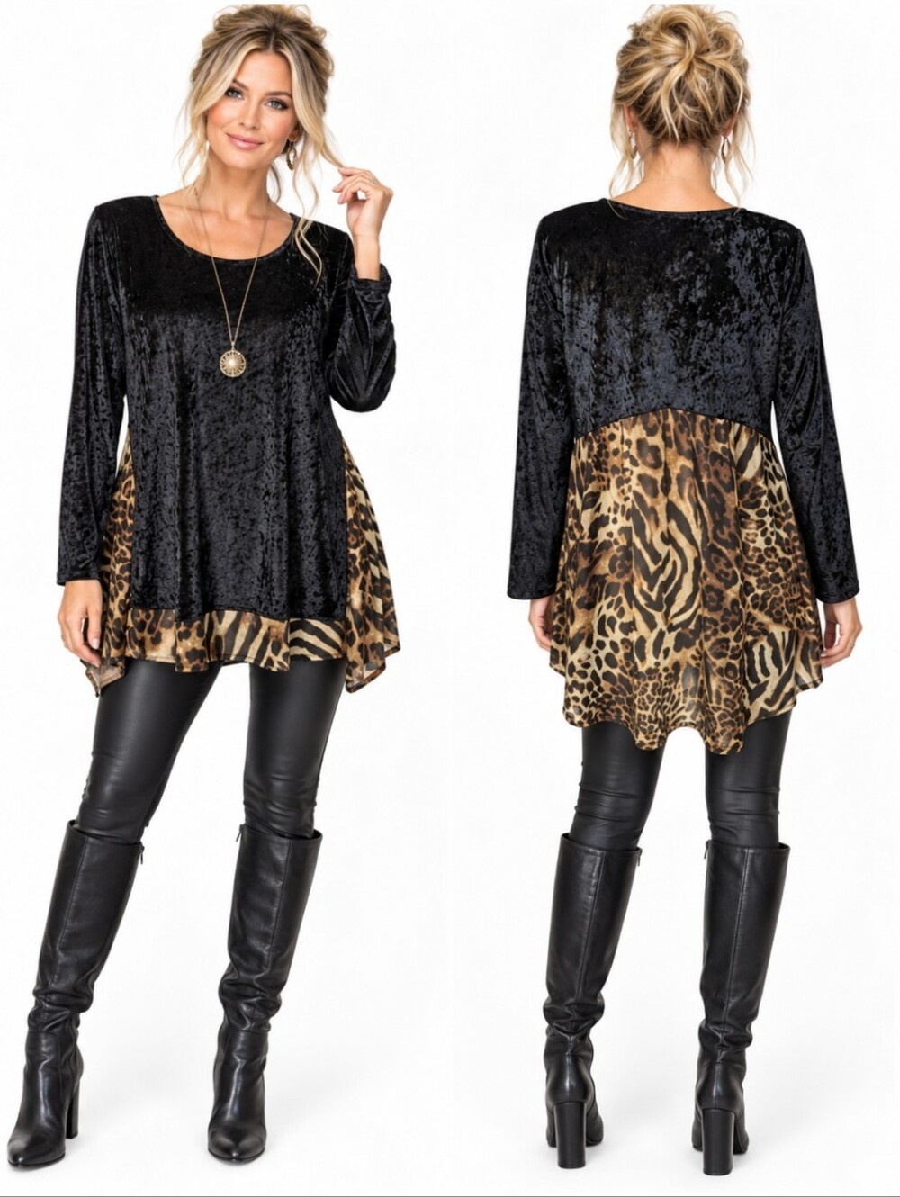 New Crushed Velvet Black Tunic Top Animal Print Sheer Panels Rockstar NWT Sz M